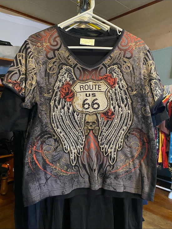 Cactus Bay Tops - Route 66 Graphic Short Sleeve Tee with Wings and Roses
